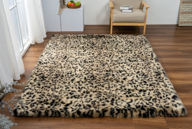 Leopard Print Area Rug, Beige & Black, Low Pile, Modern Safari Style