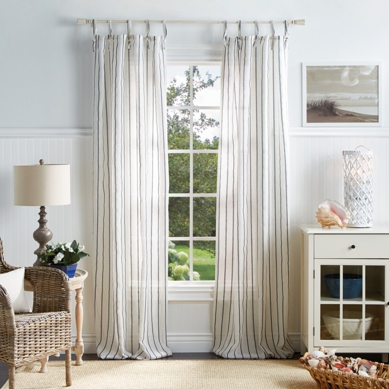Light Blue Tie Tab Curtains Vertical Stripe Coastal Style