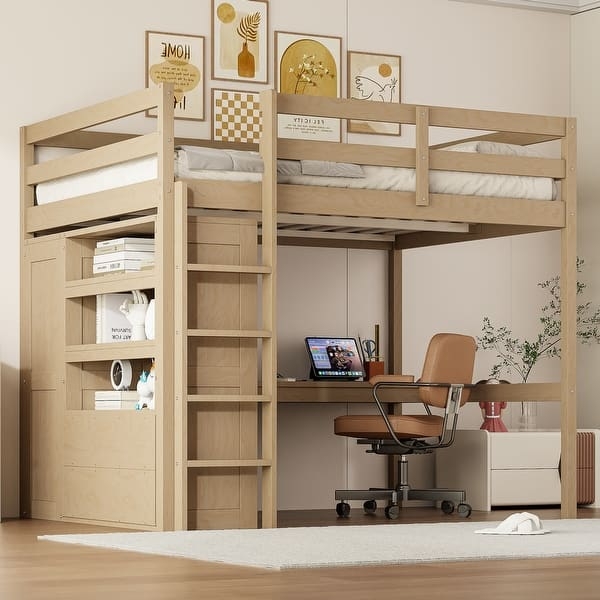 Light Gray Loft Bed with Built-in Wardrobe Closet and Desk