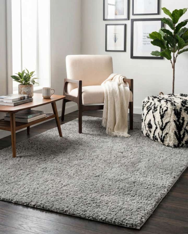 Light Gray Shag Rug Scandinavian Style Living Room Layout Plush