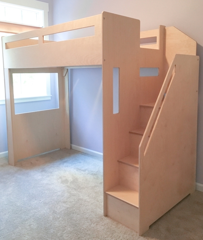 Light Wood Loft Bed with Desk, Staircase Drawers and Cubby Shelving