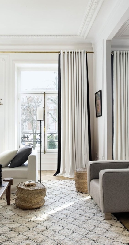 Linen-Like Curtains with Navy Blue Ribbon Trim Border