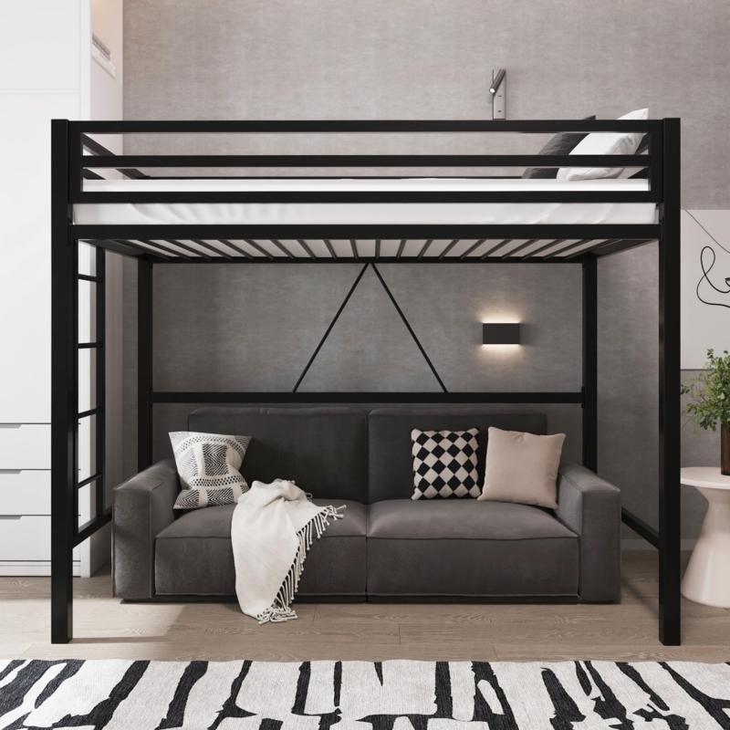 Loebelle Loft Bed Matte Black Metal with Integrated Ladder for Small Spaces