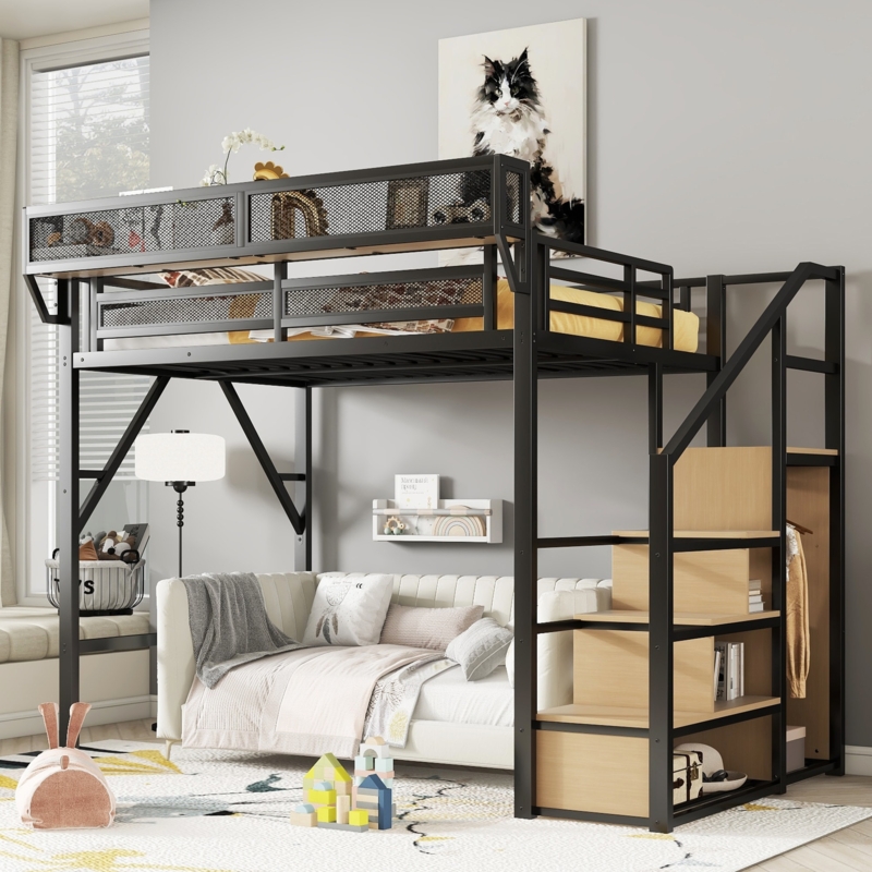 Loft Bed All-in-One Metal, Wardrobe, Desk & Storage Stairs