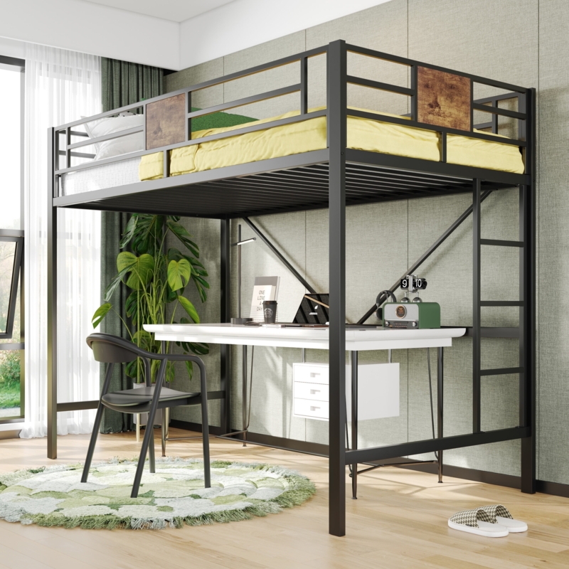 Loft Bed Black Heavy Duty Metal with Storage Stairs and Desk Industrial