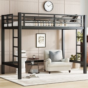 Loft Bed Black Metal Frame with Integrated Desk and Dual Ladders