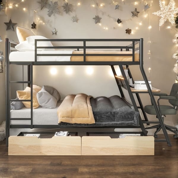 Loft Bed Black Metal Full Size Loft, Integrated Lighting, Desk