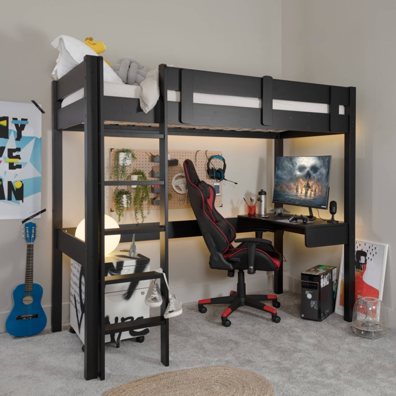 Loft Bed Black Metal with Gold Accents & Integrated Gaming Desk