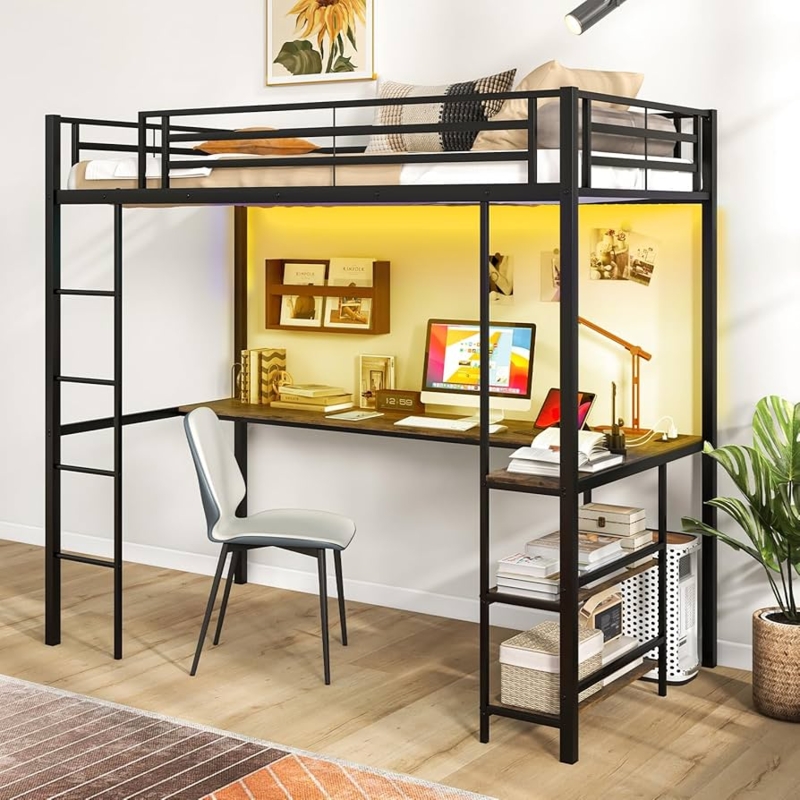 Loft Bed Black Metal with LED Accent Strips and Charging Station