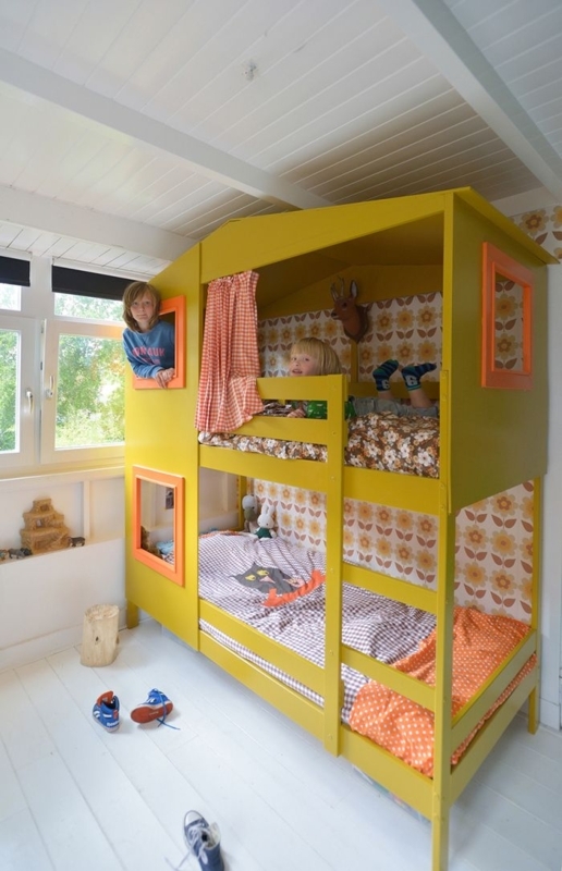 Loft Bed Built In Desk Vibrant Yellow Finish Tubular Metal Frame