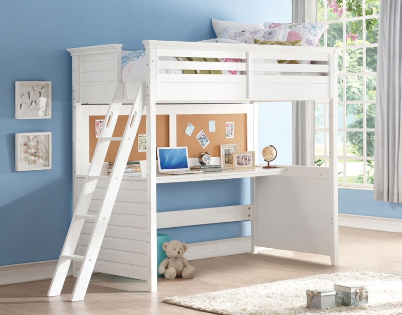Loft Bed Contemporary White Metal with Side Shelving Unit