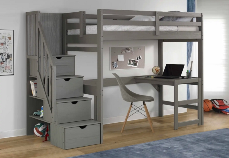 Loft Bed Dark Brown Wood Staircase Entry Integrated Desk Traditional