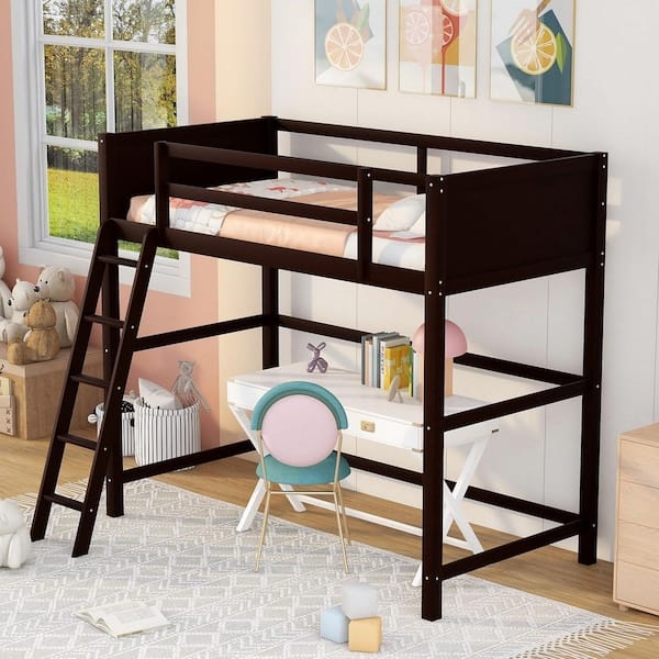Loft Bed Espresso Finish with Angled Ladder High Clearance Frame
