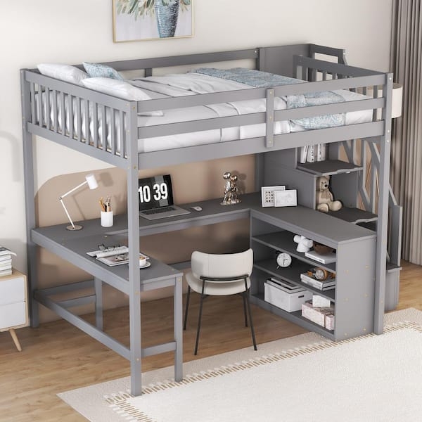 Loft Bed Full Size Gray Wood L-Shaped Desk Storage Staircase Modern