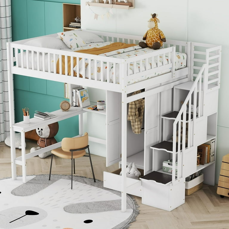 Loft Bed Full Size with Desk and Wardrobe, White Wooden Frame