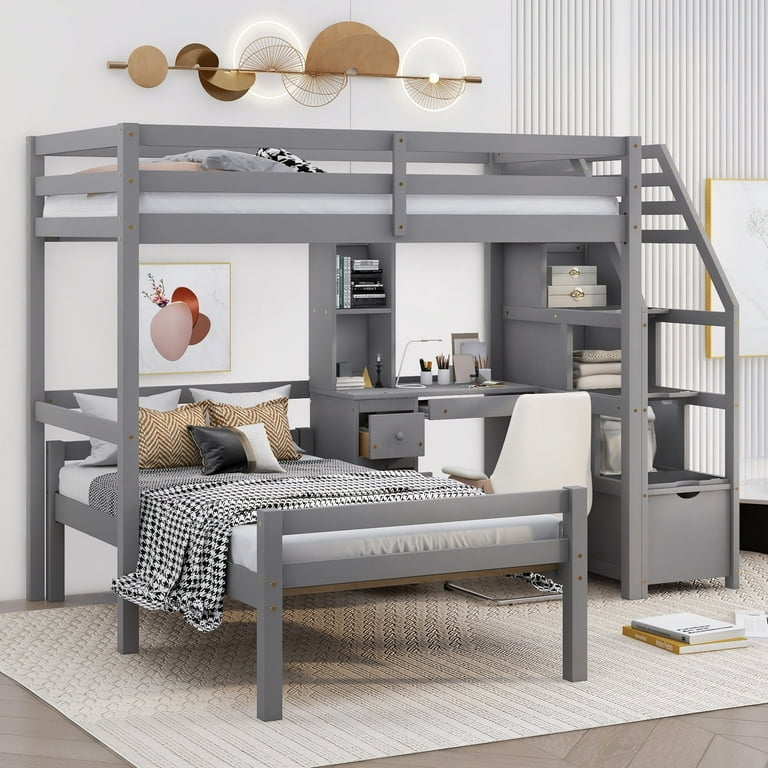 Loft Bed Gray Wood Storage Combination, Integrated Desk, Ladder