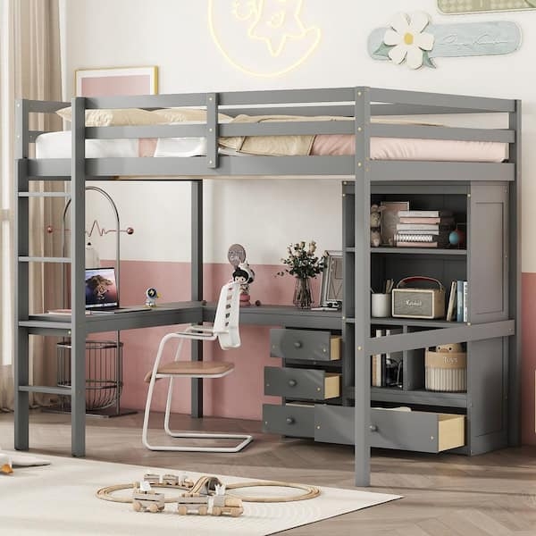 Loft Bed Grey Painted Finish Built-In Drawers Integrated Desk