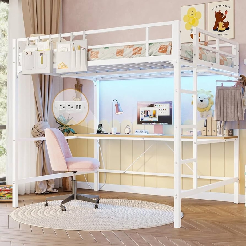 Loft Bed Metal Integrated LED Lighting, Power Outlet