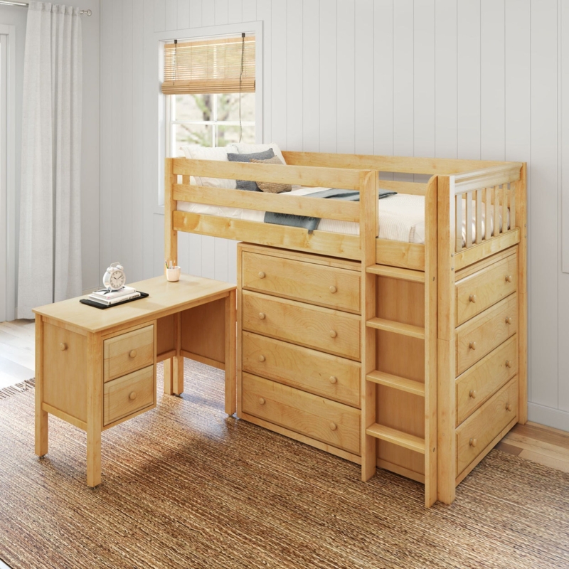 Loft Bed Mid Height with Slide-Out Desk and White Dressers