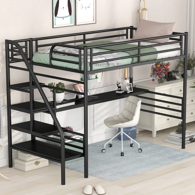 Loft Bed Modern Steel Frame with Staircase Storage & Desk