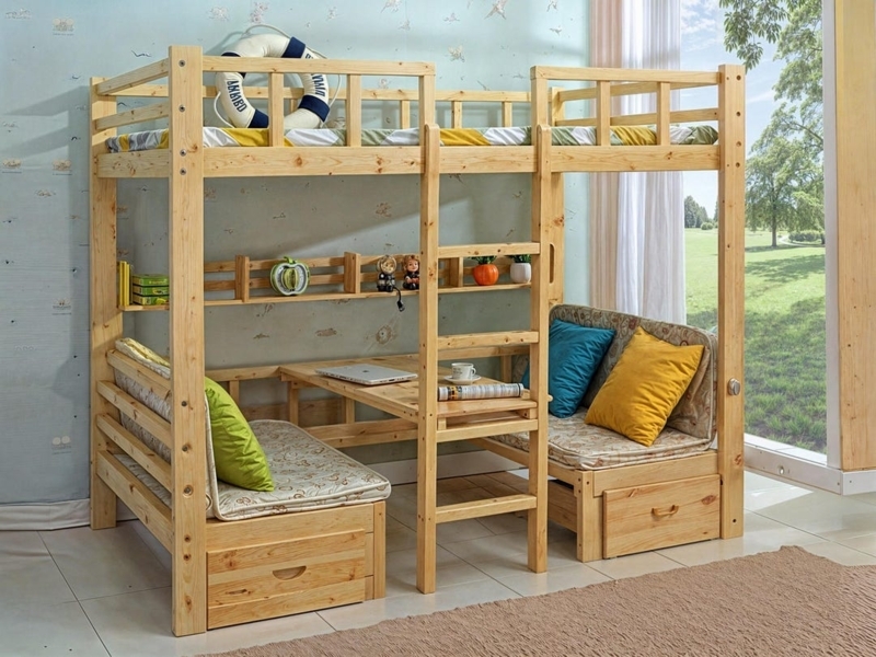 Loft Bed Natural Wood Grain Integrated Ladder, Modern Design