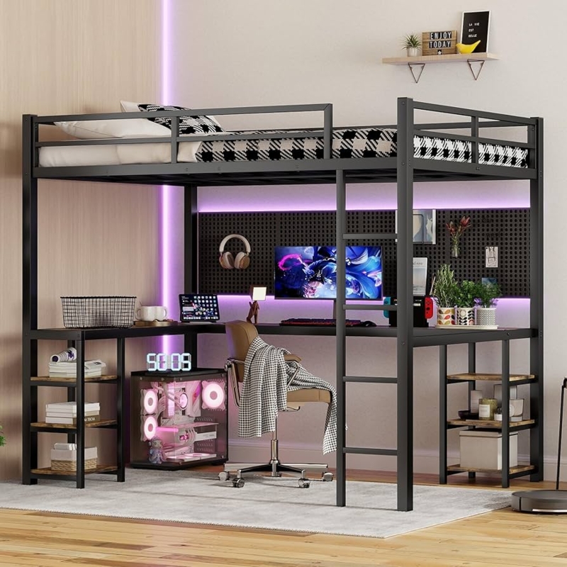 Loft Bed Sleek Metal, L-Shaped Desk & Shelving Unit