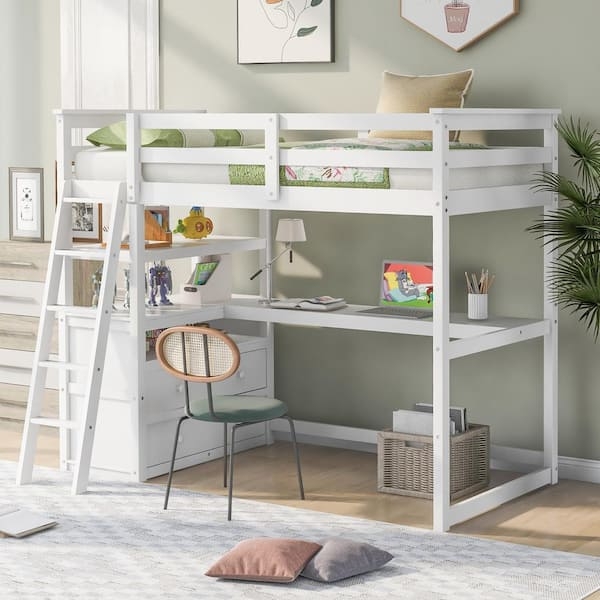 Loft Bed Transitional Style with Vertical Ladder and Integrated Drawers