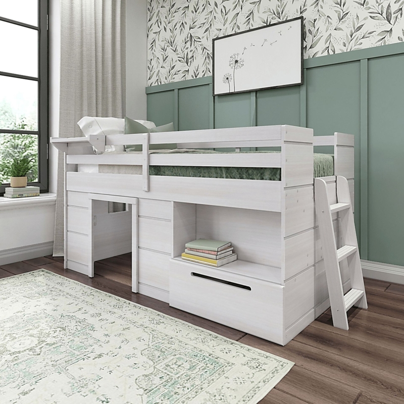 Loft Bed Twin Size Integrated Desk and Storage Steps Transitional