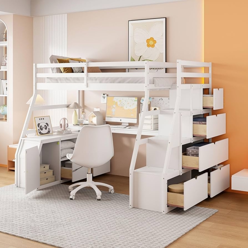 Loft Bed White Integrated Desk, Storage Stairs & Built-In Shelving.