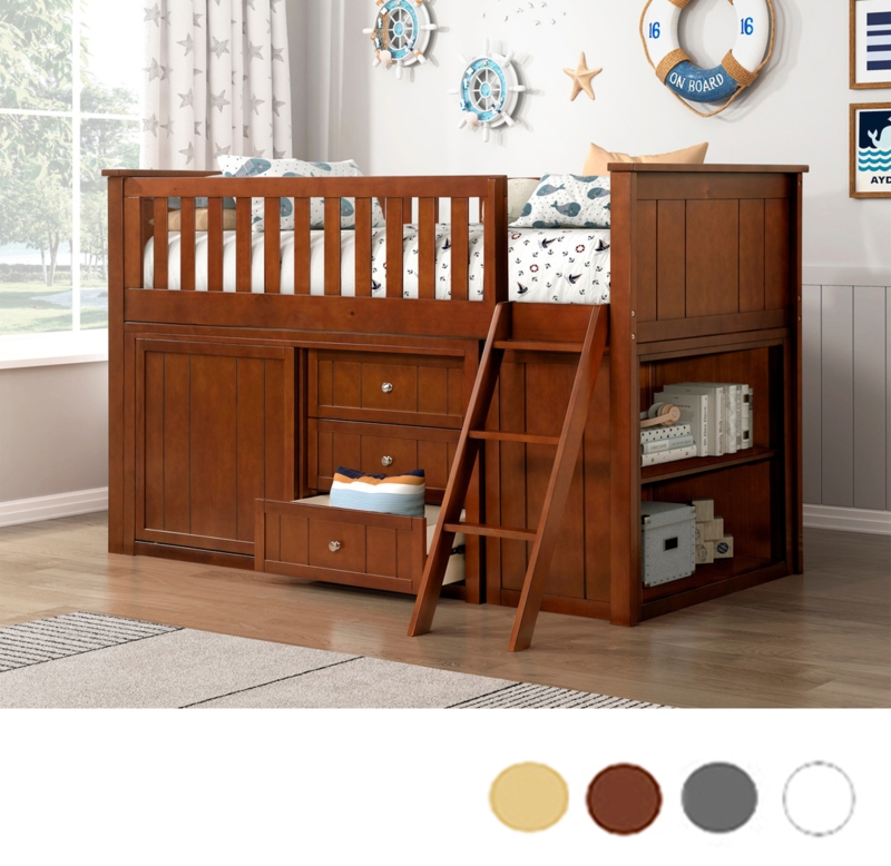 Loft Bed White Low Profile with Integrated Dresser Bookcase