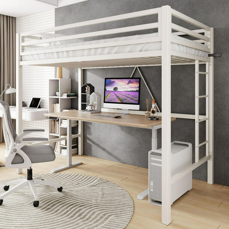 Loft Bed White Metal Frame with Removable Ladder and Guardrails Minimalist
