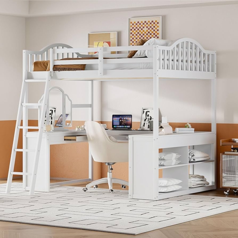 Loft Bed White Wood Tri-Fold Mirror, U-Shaped Desk, Drawers