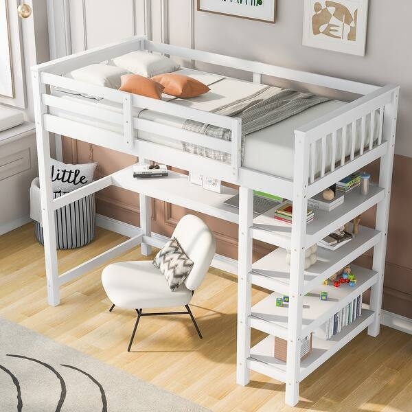 Loft Bed White Wood with Integrated Desk and Vertical Slat Guardrail