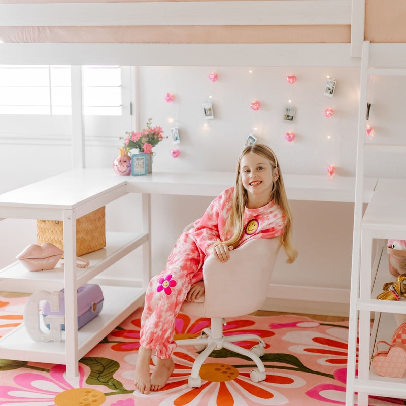 Loft Bed White Wood with Wraparound Desk and Integrated Shelves