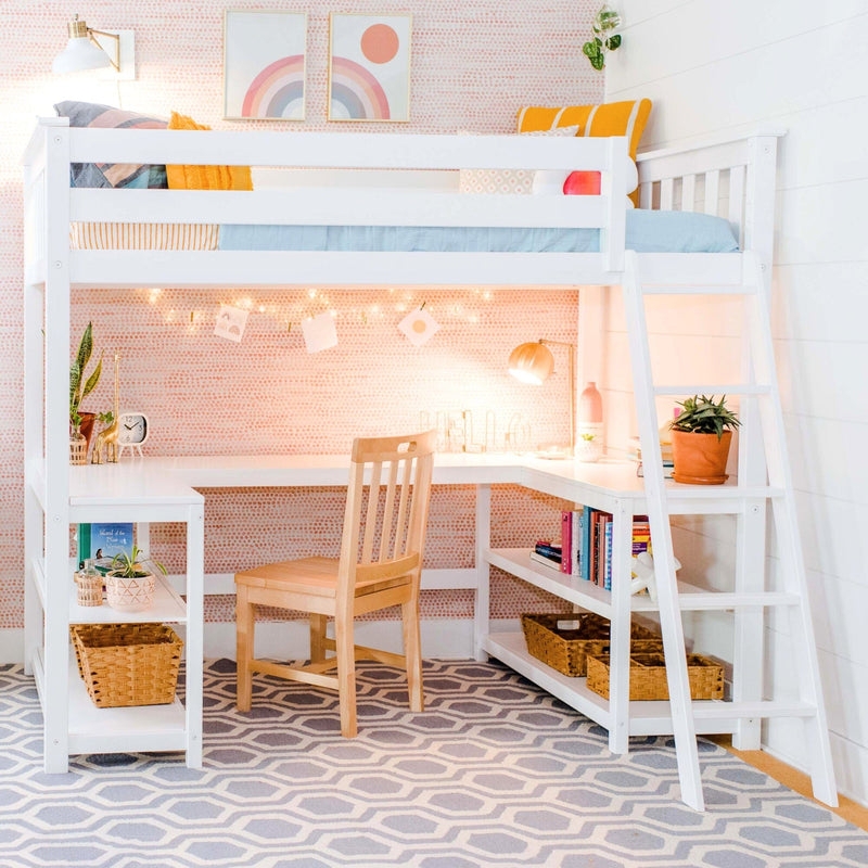 Loft Bed White Wood Wraparound Desk, Slanted Ladder, Shelving