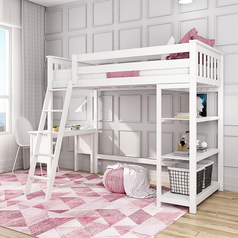 Loft Bed with Built-In Desk and Open Shelving Transitional Style