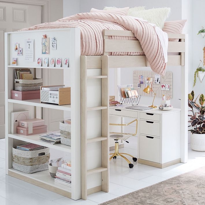 Loft Bed with Desk Set, Built-In Shelving, and Ladder