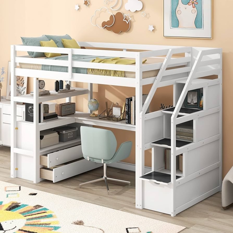 Loft Bed with Desk, Storage Stairs, and Chest of Drawers