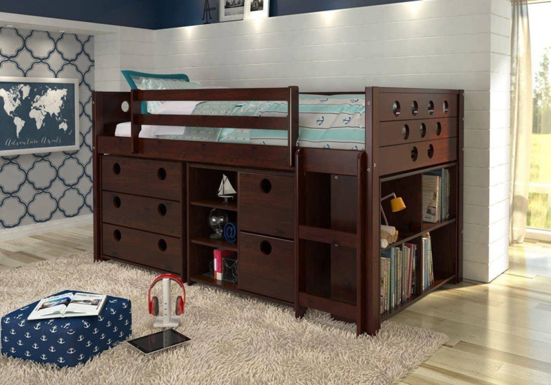 Loft Bed with Five-Drawer Dresser and Built-In Bookshelf, White