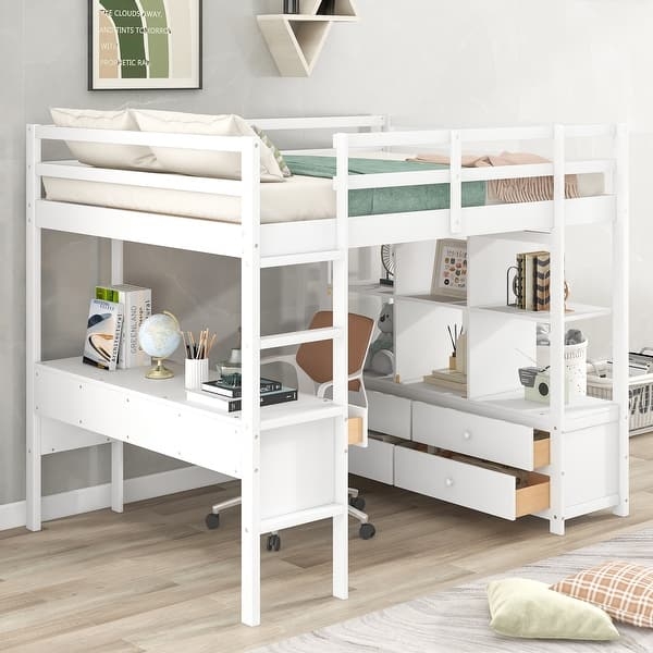 Loft Bed with Integrated Chest of Drawers and Desk in Matte Finish.