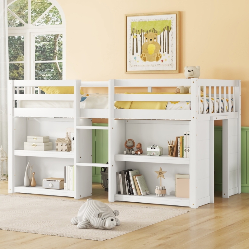 Loft Bed with Integrated LED Lighting and Side Shelves Modern White