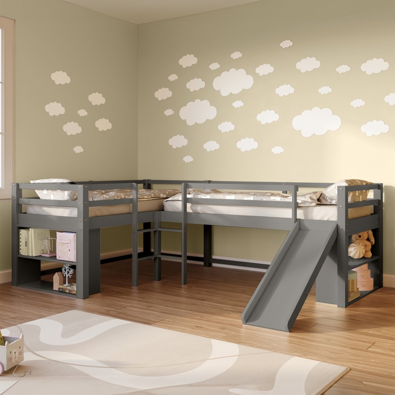 Loft Bed with Integrated Slide and Under-Bed Bookshelf, Gray