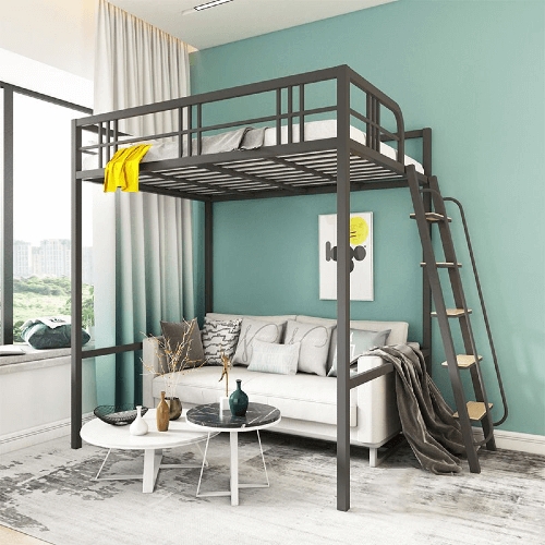 Loft Bed with Integrated Workstation, Black Metal Frame, Industrial Style