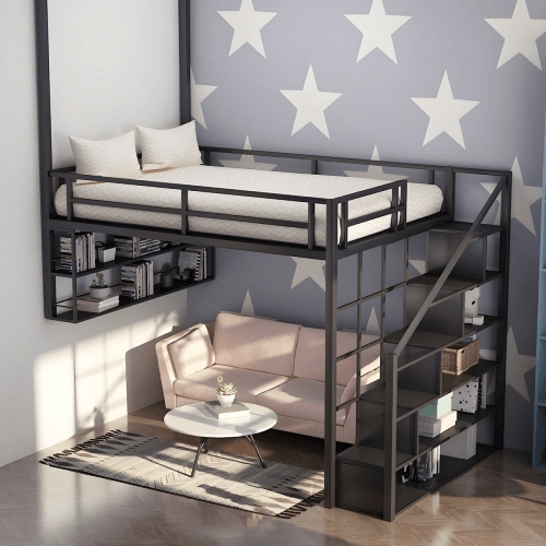 Loft Bed with L-Shaped Desk and Storage Stairs Industrial Metal Frame