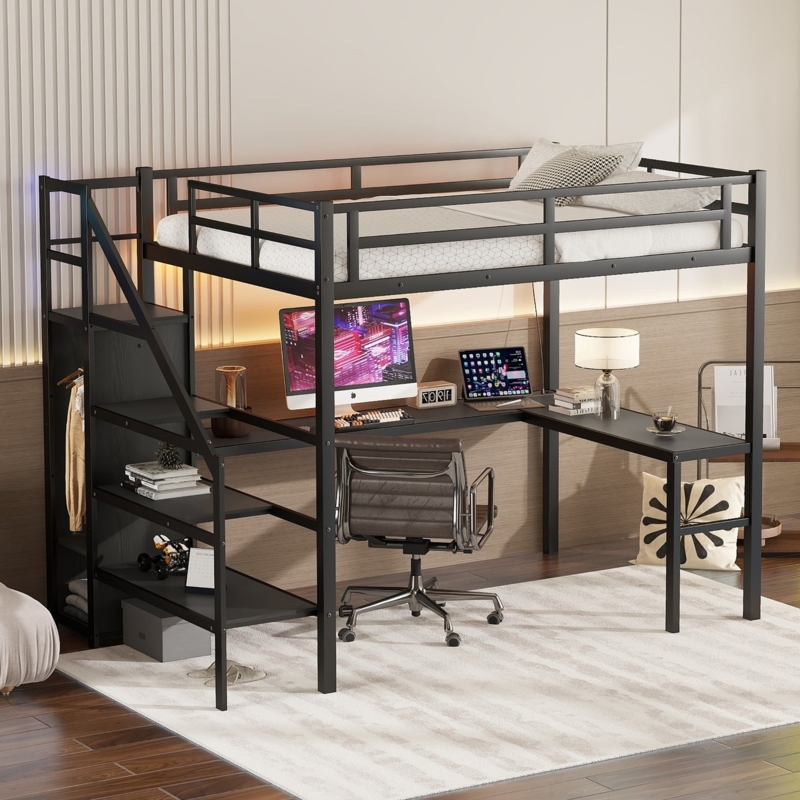 Loft Bed with L-Shaped Desk, Black Metal Industrial Frame, Wood Shelves
