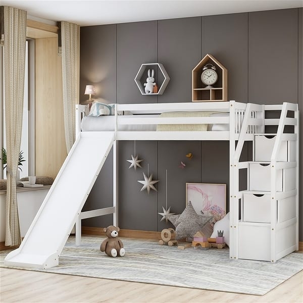 Loft Bed with Pull-Out Desk, Slide, and Storage, Grey Finish