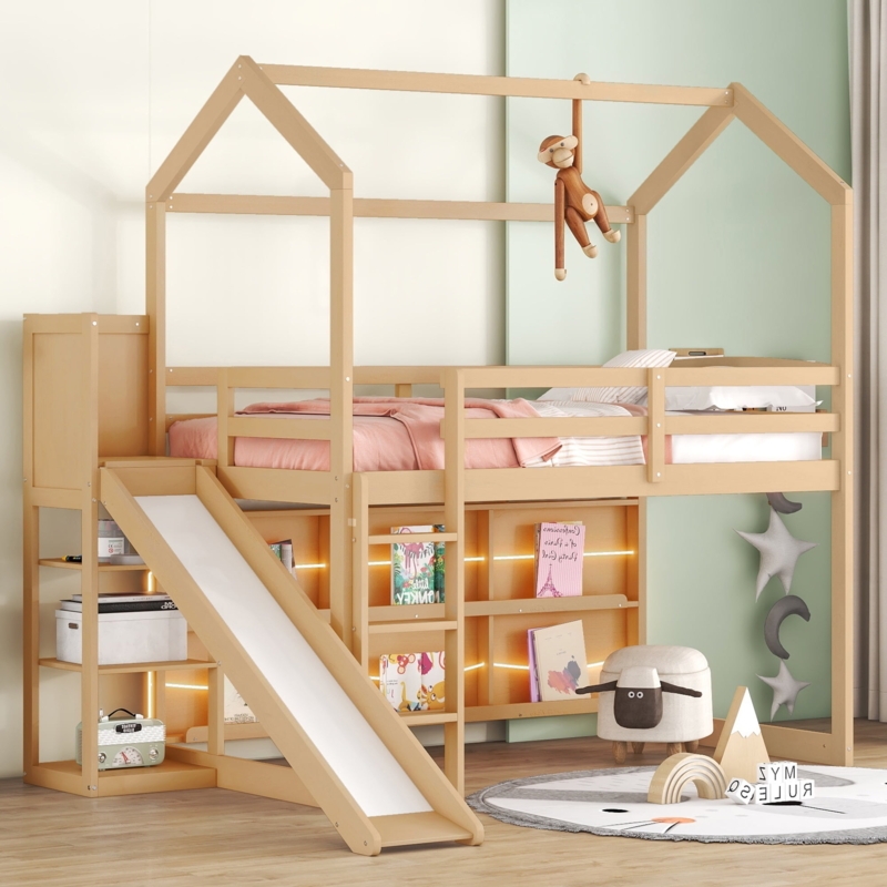 Loft Bed with Slide Natural Wood and LED Lighting Features