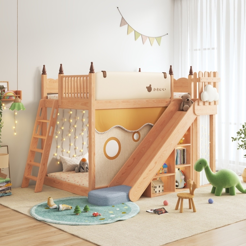 Loft Bed with Slide, Scandinavian White & Wood Storage