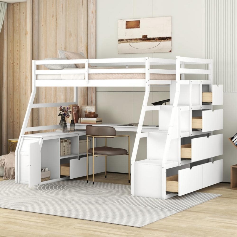 Loft Bed with Storage Staircase and Built-In Desk Matte Finish