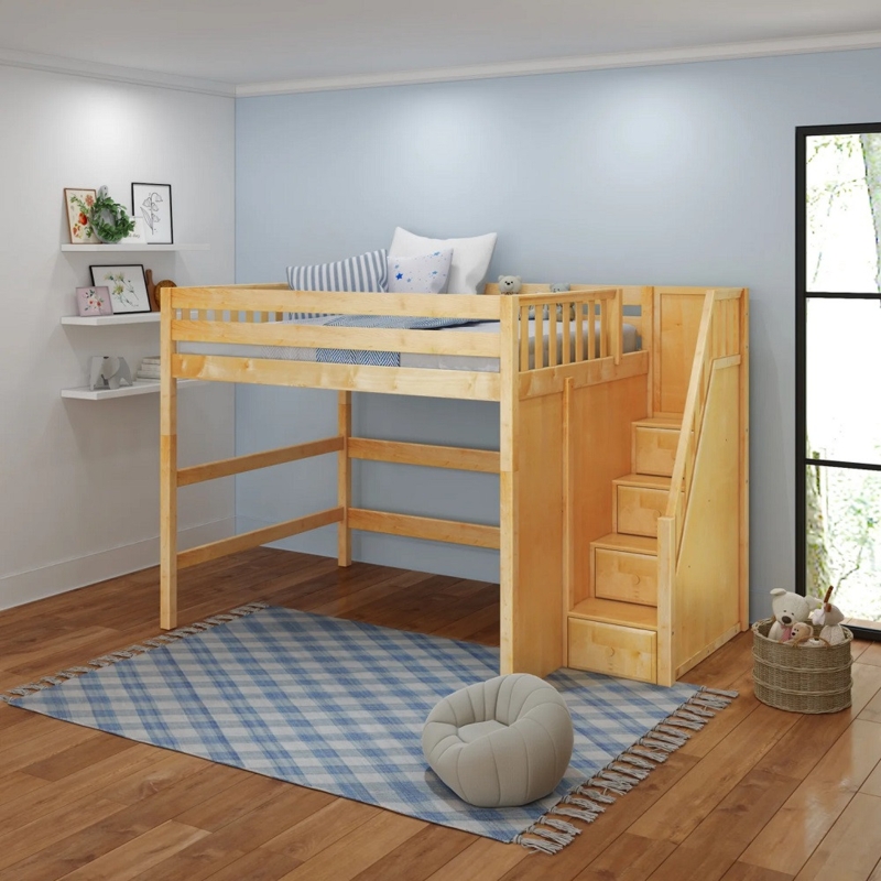 Loft Bed with Storage Stairs and Underbed Desk, Natural Wood